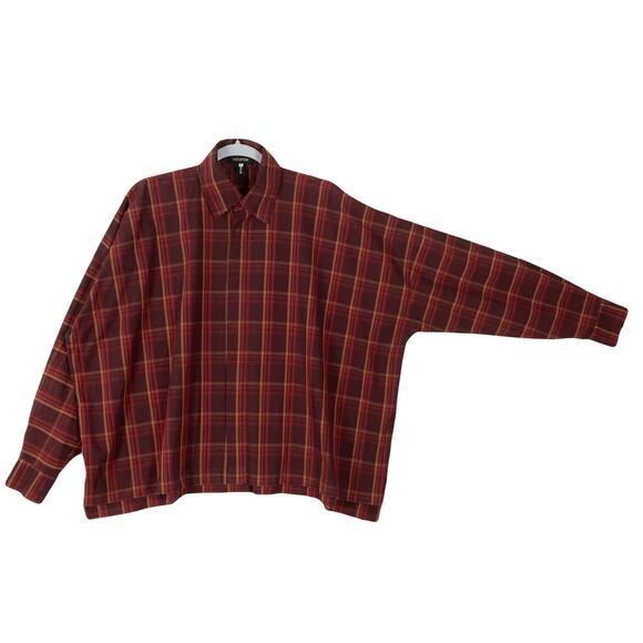 eskandar Tops - NWOT ESKANDAR Shirt 1~S~M~L~XL Oversized Plaid Brown Red High-Low Btn-Up Long-Sl
